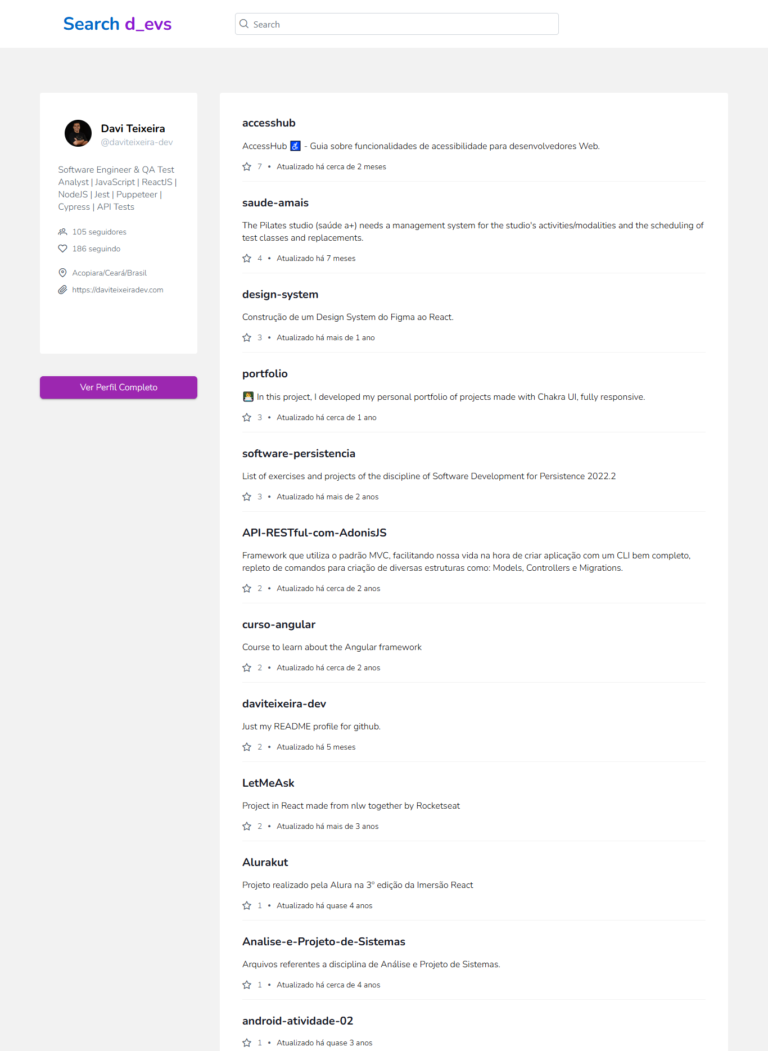 Imagem da página inicial do projeto Search Devs.