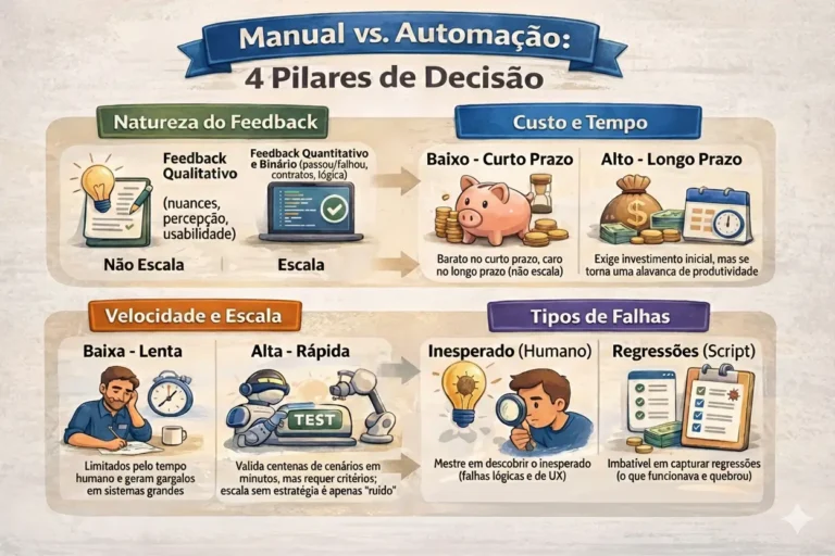 Infográfico detalhando os "4 Pilares de Decisão" entre Testes Manuais e Automação. A imagem é dividida em quatro quadrantes: Natureza do Feedback (Qualitativo vs. Quantitativo), Custo e Tempo (Curto vs. Longo Prazo), Velocidade e Escala (Baixa vs. Alta) e Tipos de Falhas (Inesperadas vs. Regressões). Cada pilar possui ilustrações como lâmpadas, porquinhos de moedas, relógios e lupas.