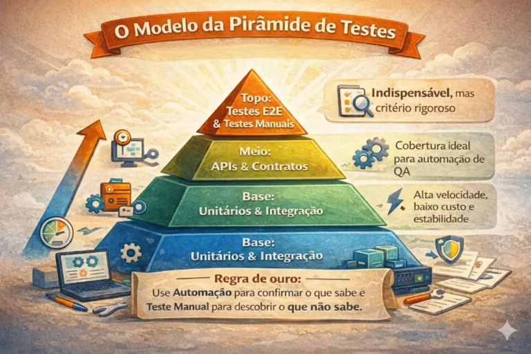 Infográfico estilizado da Pirâmide de Testes. A pirâmide é dividida em três níveis: o topo com "Testes E2E & Testes Manuais", o meio com "APIs & Contratos" e a base com "Unitários & Integração". Cada nível possui ícones representativos e textos explicativos sobre custo, velocidade e rigor. Na parte inferior, um pergaminho destaca a frase: "Use Automação para confirmar o que sabe e Teste Manual para descobrir o que não sabe".