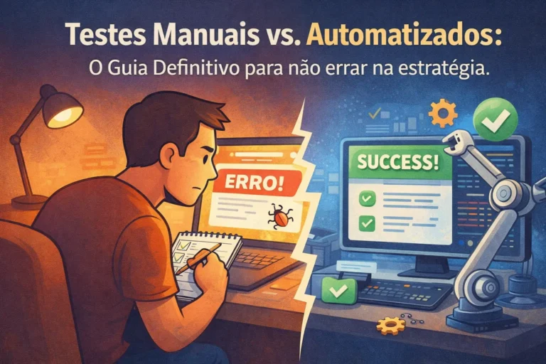 Ilustração dividida ao meio comparando testes manuais vs automatizados. À esquerda, um homem analisa um erro em um notebook e faz anotações em um caderno. À direita, um braço robótico opera um computador que exibe uma mensagem de sucesso verde. No topo, o título "Testes Manuais vs. Automatizados".