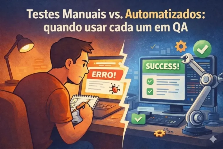 Ilustração dividida ao meio comparando testes manuais vs automatizados. À esquerda, um homem analisa um erro em um notebook e faz anotações em um caderno. À direita, um braço robótico opera um computador que exibe uma mensagem de sucesso verde. No topo, o título "Testes Manuais vs. Automatizados".