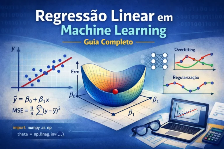 Infográfico profissional com o título "Regressão Linear em Machine Learning - Guia Completo". A imagem mostra gráficos estatísticos, a fórmula do Erro Quadrático Médio (MSE), um gráfico de superfície 3D representando a função de custo e ilustrações de Overfitting e Regularização, sobre um fundo azul tecnológico com um notebook e uma calculadora.