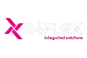 Logotipo da G4FLEX com símbolo em formato de X na cor rosa e texto integrated solutions.