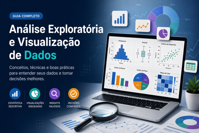 Ilustração de um notebook exibindo gráficos de análise exploratória de dados (EDA) como Histograma, Boxplot e Mapa de Calor, com uma lupa de investigação à frente.