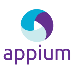 Logo oficial do Appium, composto por um símbolo circular estilizado em tons de roxo e azul acima do nome "appium" escrito em letras minúsculas roxas.