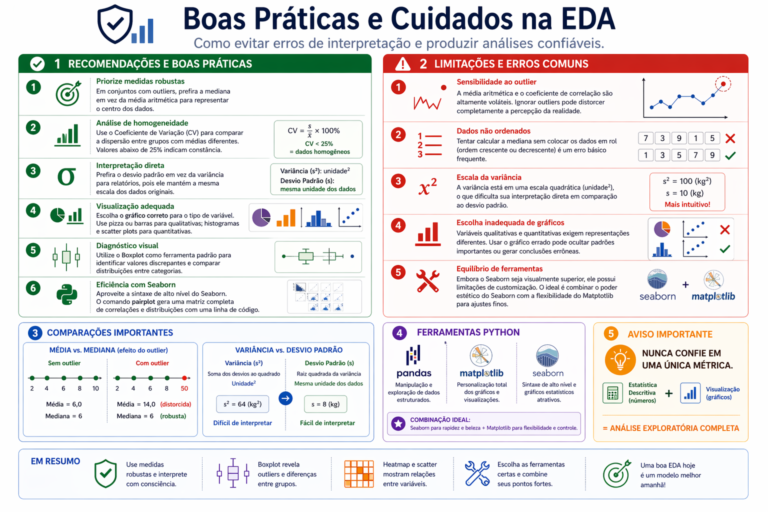 Infográfico de Boas Práticas e Cuidados na EDA, comparando recomendações, erros comuns, ferramentas Python (Pandas, Matplotlib, Seaborn) e o mantra da análise completa.