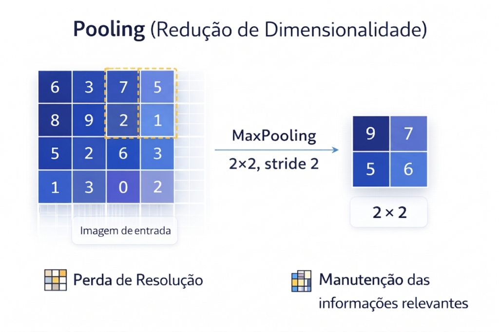 Infográfico sobre a operação de Max Pooling 2x2 em uma rede neural convolucional, demonstrando a redução de dimensionalidade e a seleção dos valores máximos em cada região da matriz.