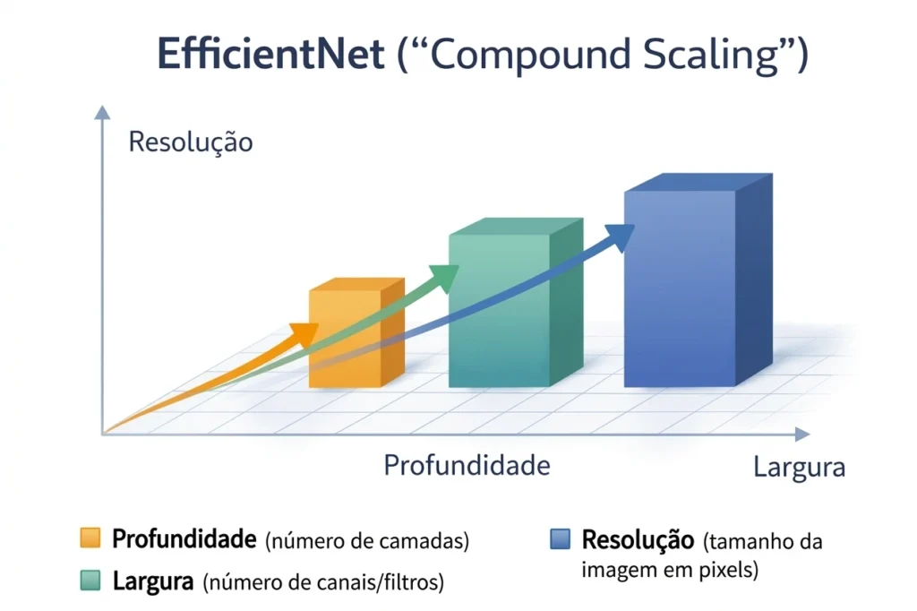 Gráfico 3D demonstrando o conceito de Compound Scaling da EfficientNet, mostrando o equilíbrio entre profundidade, largura e resolução para otimizar o desempenho de redes neurais.