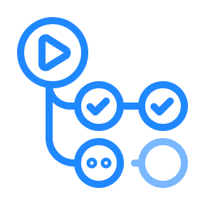 Logo do GitHub Actions: Um diagrama de fluxo azul composto por círculos conectados; o círculo superior contém um símbolo de "play", seguido por ramificações que mostram ícones de check e de carregamento.