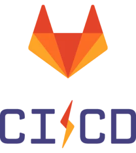 Logo do GitLab CI/CD: Uma cabeça de raposa estilizada em origami nas cores laranja e vermelho, acima da sigla "CI/CD" em roxo, separada por um ícone de raio laranja.