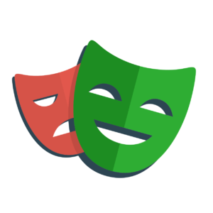 Logo do Playwright: Duas máscaras de teatro estilizadas sobrepostas; uma máscara verde sorridente à frente e uma máscara vermelha triste parcialmente visível atrás.