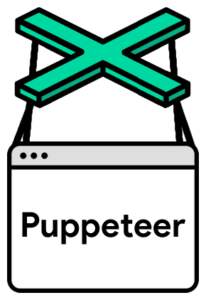 Logo do Puppeteer: Uma barra de controle de marionete verde em formato de "X" segurando, por fios, uma janela de navegador web branca com o nome "Puppeteer" escrito no centro.