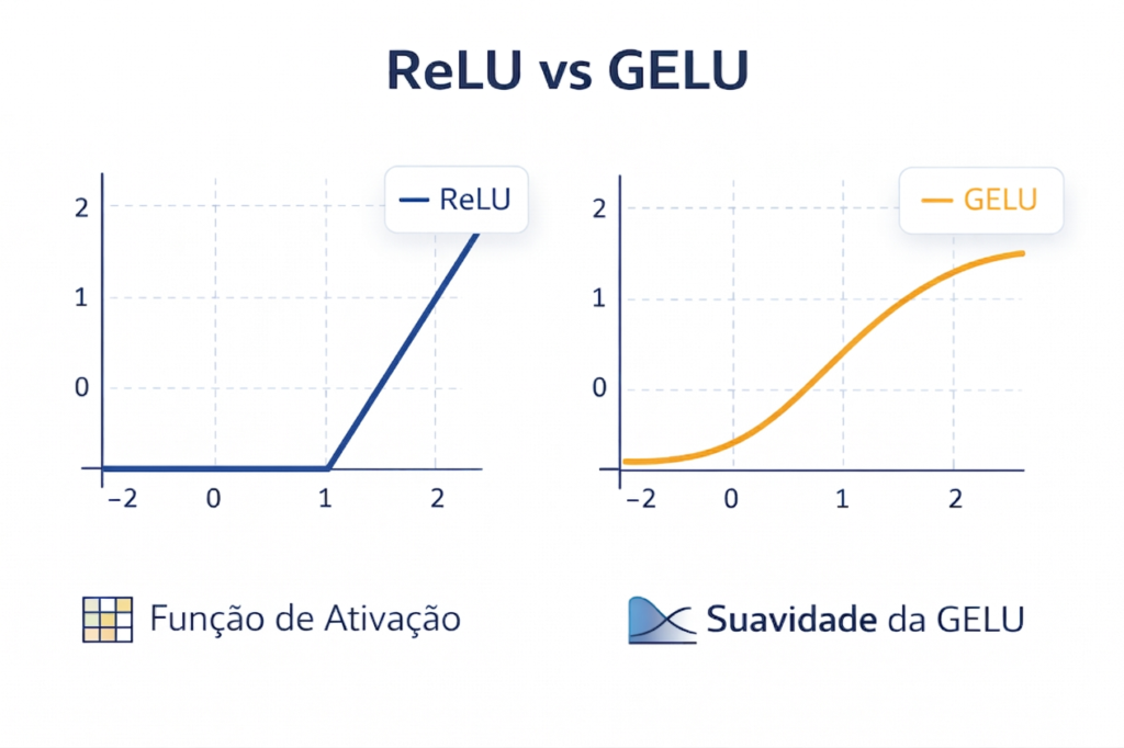 Gráfico comparativo entre as funções de ativação ReLU e GELU, mostrando a diferença de linearidade e suavidade nas curvas para modelos de deep learning.