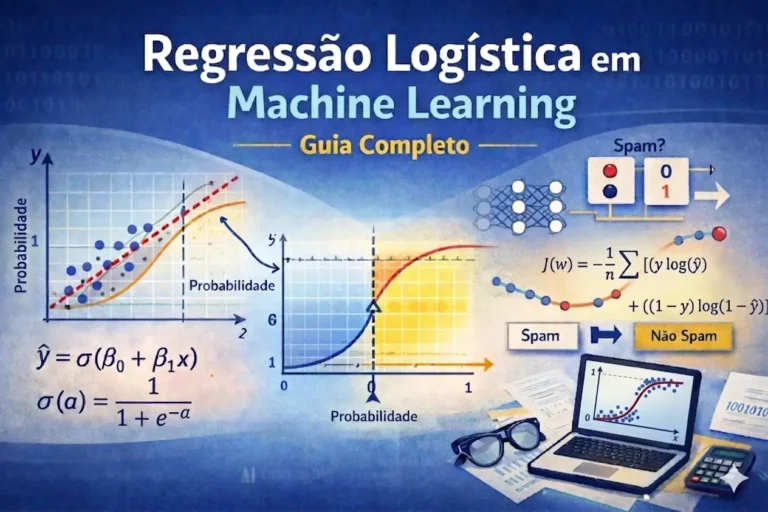 Infográfico técnico com o título "Regressão Logística em Machine Learning: Guia Completo". A imagem contém gráficos da função sigmóide, a fórmula matemática da probabilidade e da função de custo Log Loss, além de ícones representando a classificação de e-mails como Spam ou Não Spam. Há também a ilustração de um notebook exibindo um gráfico de dispersão.