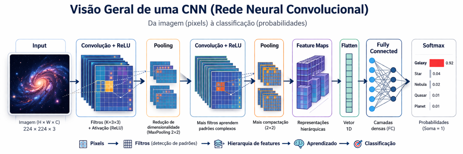 Infográfico mostrando o fluxo de processamento de uma Rede Neural Convolucional (CNN), desde a imagem de entrada (galáxia) passando por camadas de Convolução, ReLU e Pooling, até a classificação final por Softmax.