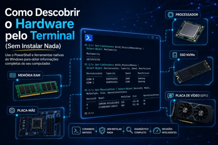 Infográfico mostrando comandos do PowerShell para descobrir o hardware pelo terminal do Windows, com ilustrações de memória RAM, placa-mãe, processador, SSD NVMe e GPU.