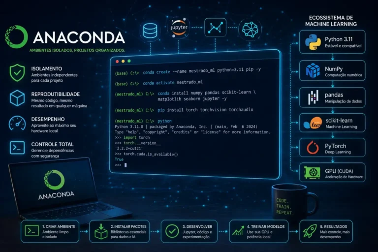 Infográfico técnico mostrando comandos de terminal no Anaconda Prompt para criar um ambiente local de Machine Learning com Python 3.11, PyTorch e bibliotecas de dados.