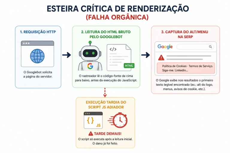 Fluxo de falha do Googlebot com leitura do HTML bruto antes da execução tardia do JavaScript