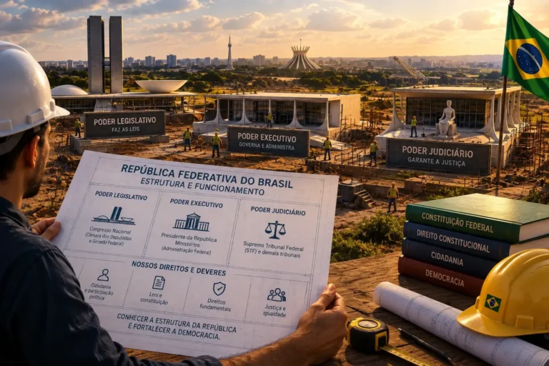 Infográfico conceitual sobre a Estrutura da República Federativa do Brasil. Um engenheiro com capacete branco segura uma planta técnica detalhando os Três Poderes (Legislativo, Executivo e Judiciário) e a seção "Nossos Direitos e Deveres". Ao fundo, réplicas em maquete de obras públicas dos poderes com a Esplanada dos Ministérios e a bandeira do Brasil. Ao lado, livros empilhados sobre Constituição Federal e Cidadania.