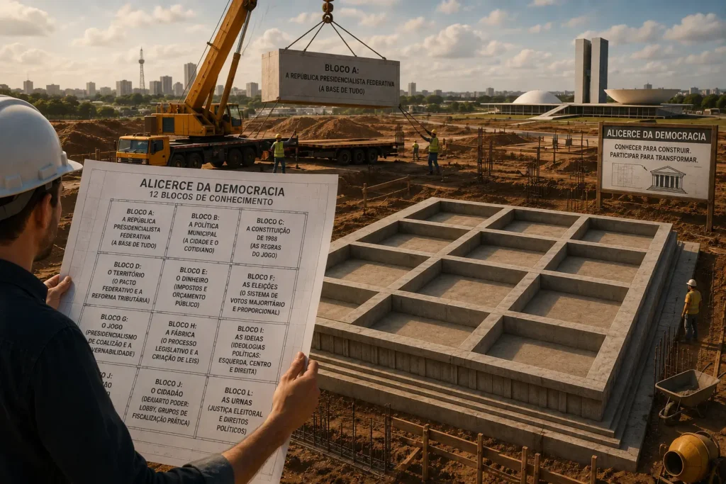 Ilustração de um canteiro de obras em Brasília com a Esplanada dos Ministérios ao fundo. Em primeiro plano, um engenheiro segura a planta baixa em papel intitulada "Alicerce da Democracia - 12 Blocos de Conhecimento". Um guindaste ao fundo iça um bloco de concreto escrito "Bloco A: A República Presidencialista Federativa (A Base de Tudo)".