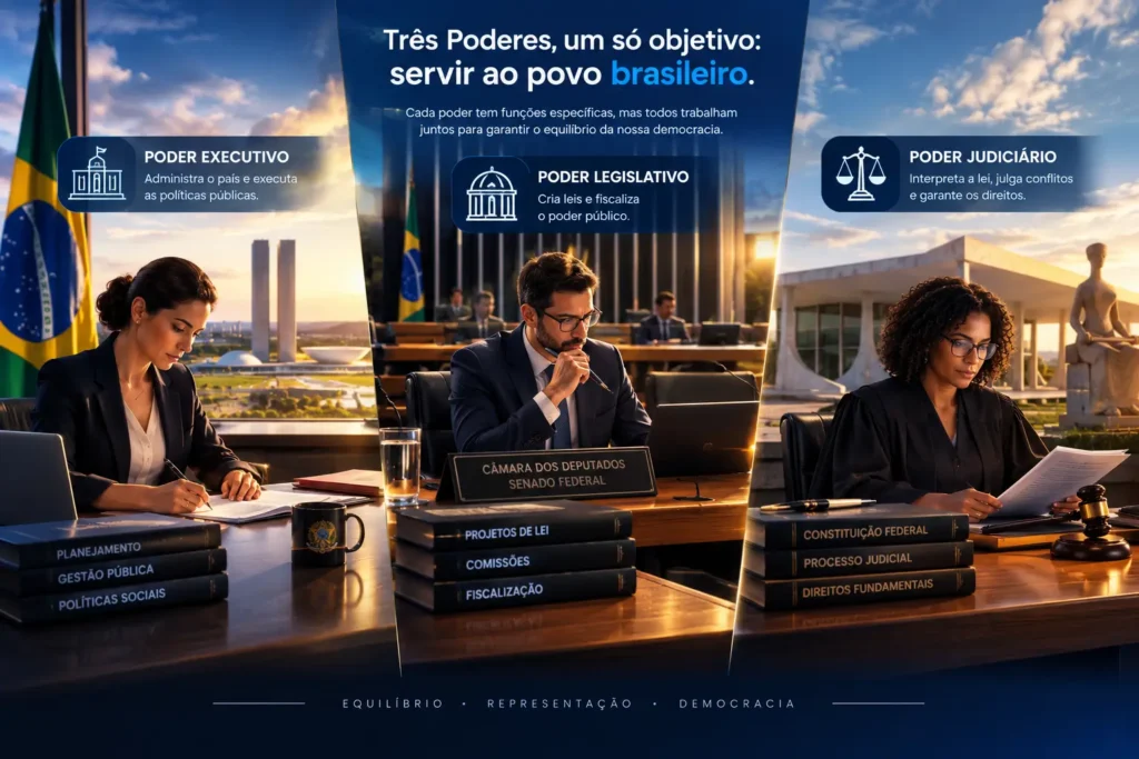 Infográfico em três colunas detalhando os Três Poderes da República Brasileira sob o título "Três Poderes, um só objetivo: servir ao povo brasileiro". A primeira coluna mostra o Poder Executivo (ícone do Palácio do Planalto, uma mulher despachando e livros de Planejamento e Gestão). A segunda coluna mostra o Poder Legislativo (ícone do Congresso, um homem analisando documentos e livros de Projetos de Lei e Fiscalização). A terceira coluna mostra o Poder Judiciário (ícone da balança da justiça, uma mulher com a Constituição Federal e um martelo de juiz).